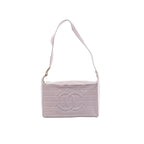 Light purple Chanel Chocolate Bar leather shoulder bag with square quilting, oversized stitched CC logo, slim shoulder strap and gold-tone hardware.