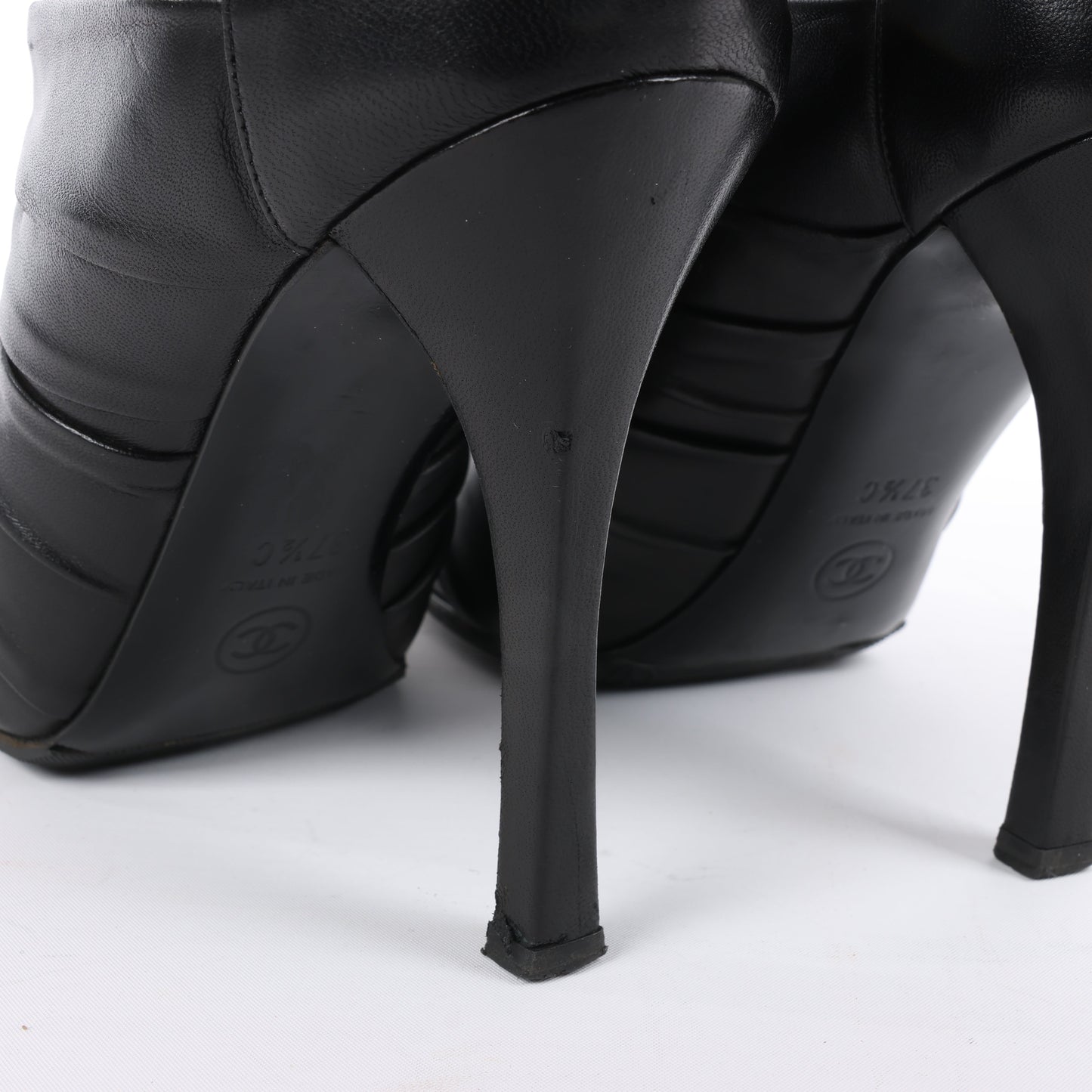 Chanel Coco Mark Camelia Leather Booties in Black G28629, Size 37.5 EU