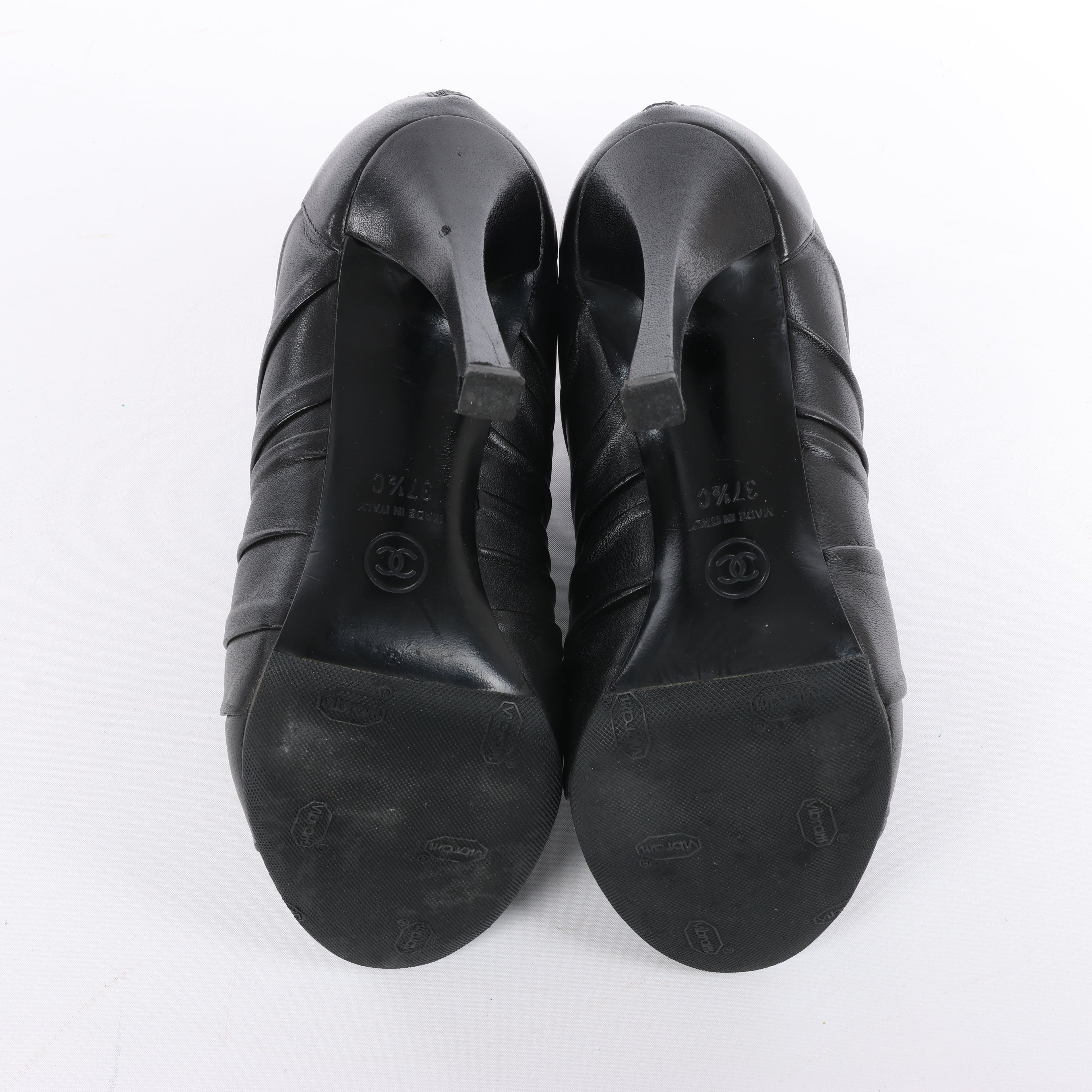 Chanel Coco Mark Camelia Leather Booties in Black G28629, Size 37.5 EU