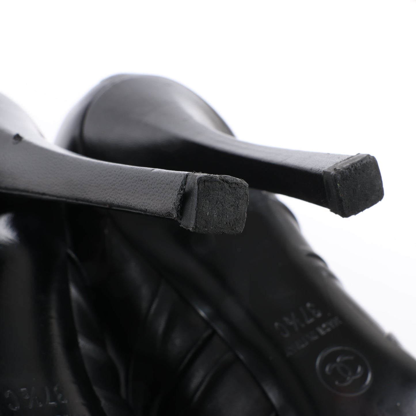 Chanel Coco Mark Camelia Leather Booties in Black G28629, Size 37.5 EU