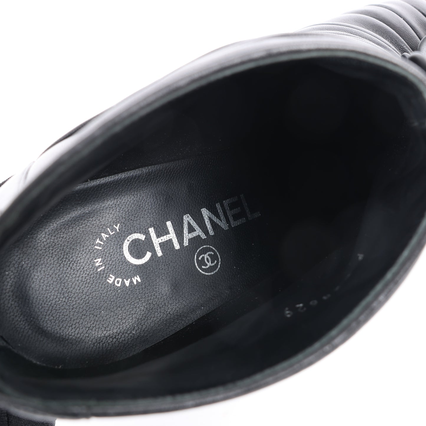 Chanel Coco Mark Camelia Leather Booties in Black G28629, Size 37.5 EU