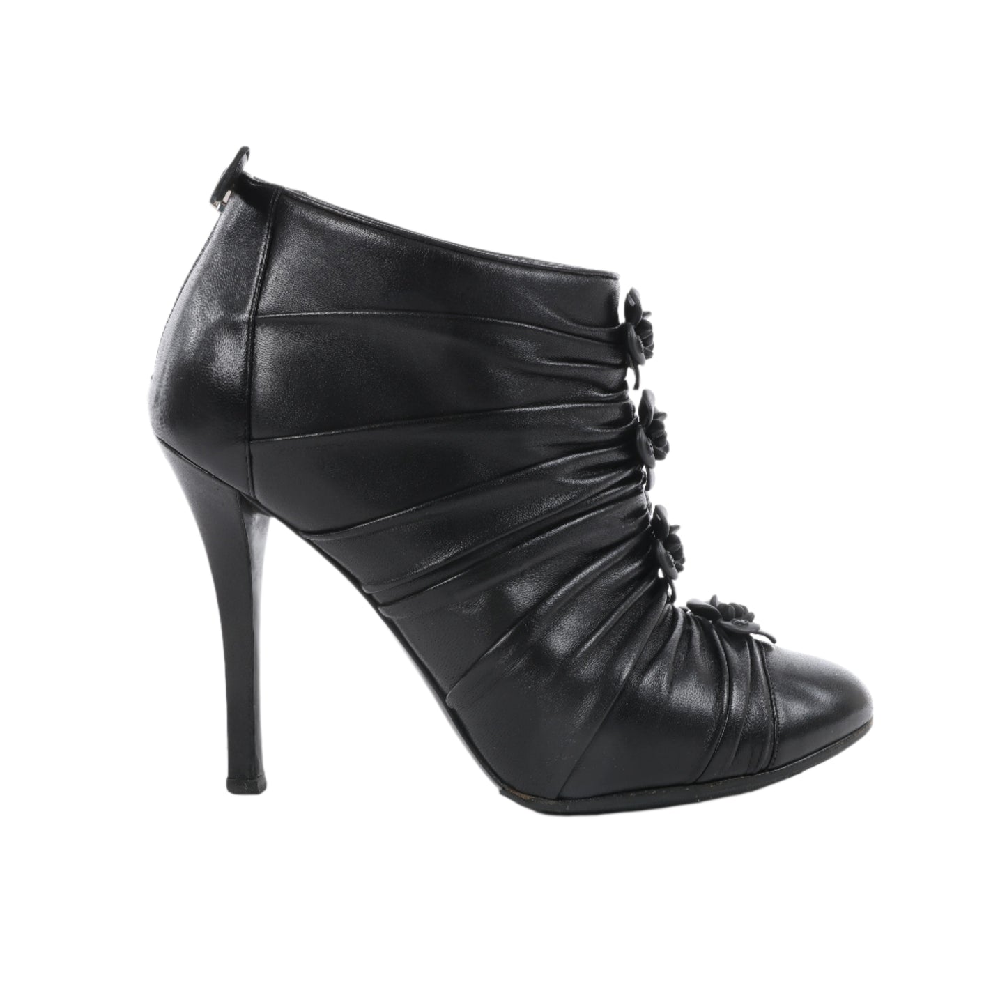 Chanel Coco Mark Camelia Leather Booties in Black G28629, Size 37.5 EU