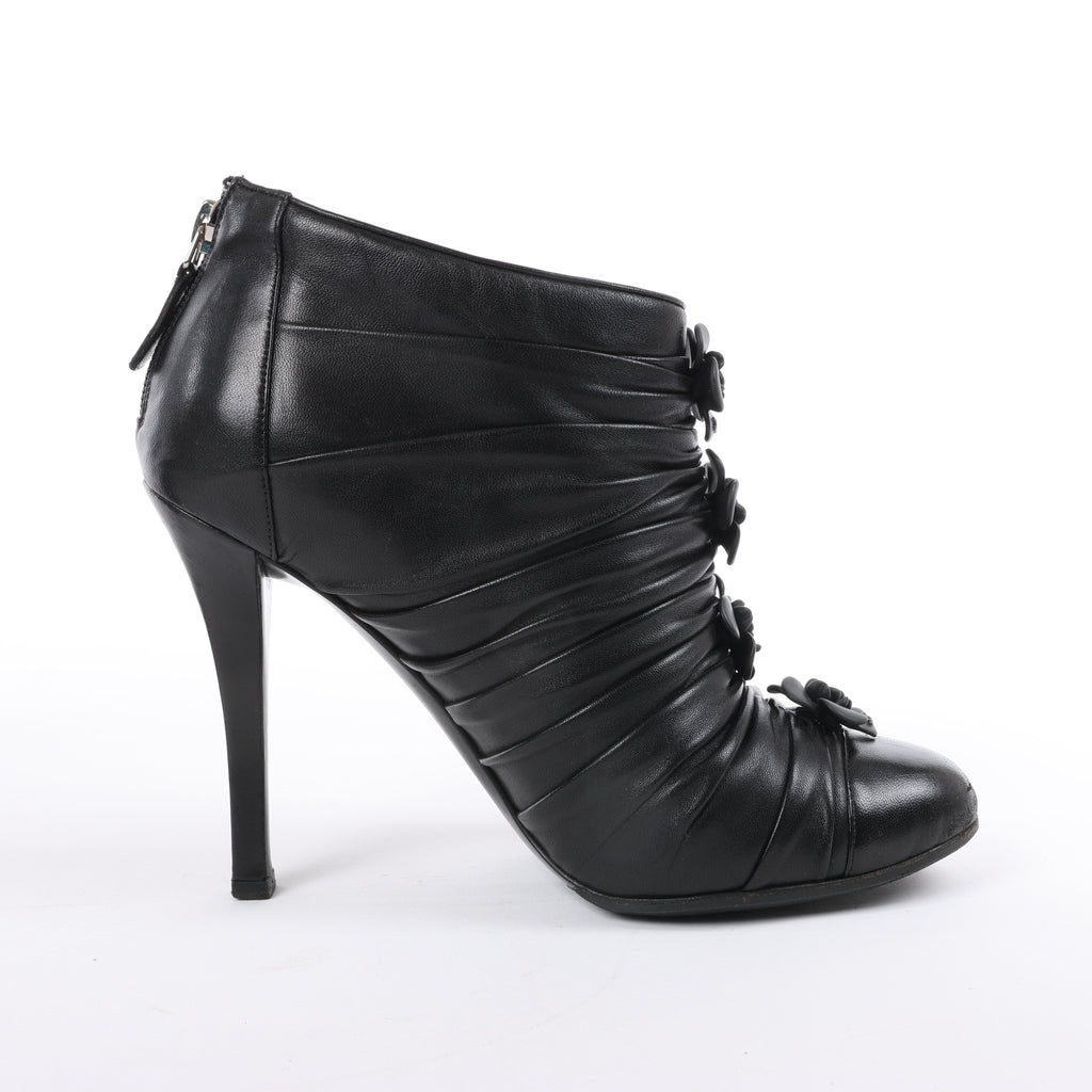 Chanel Coco Mark Camelia Leather Booties in Black G28629, Size 37.5 EU