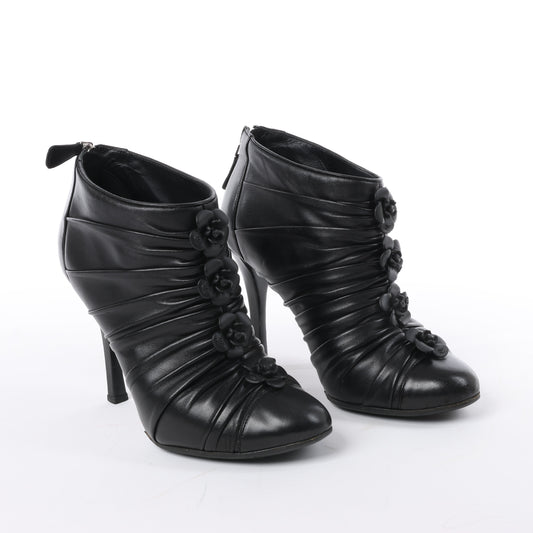 Chanel Coco Mark Camelia Leather Booties in Black G28629, Size 37.5 EU