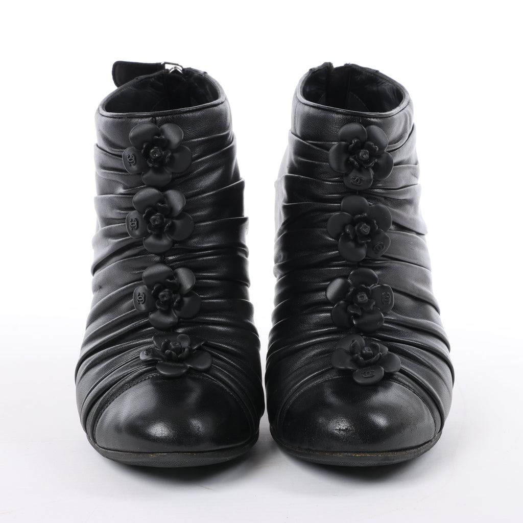 Chanel Coco Mark Camelia Leather Booties in Black G28629, Size 37.5 EU