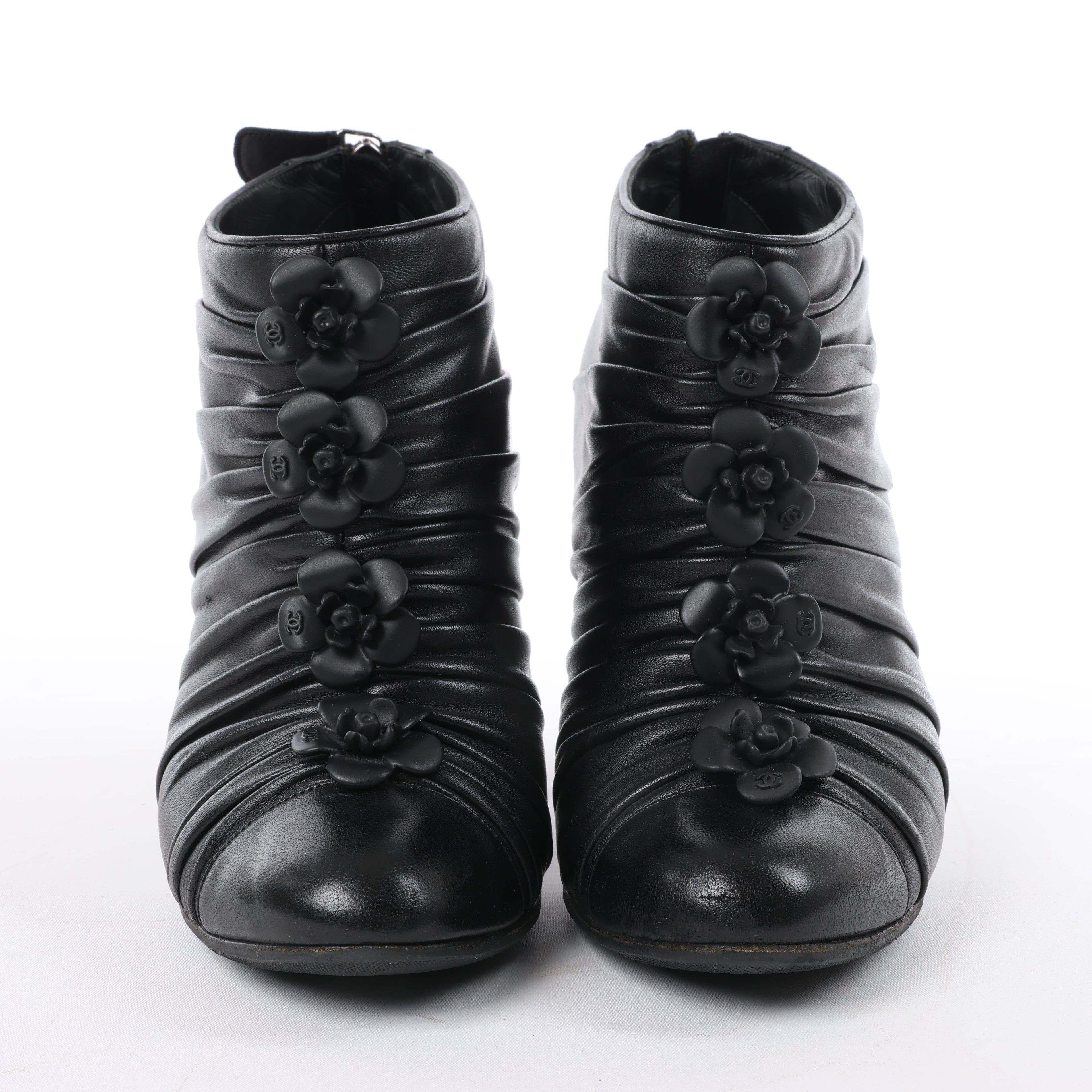 Chanel Coco Mark Camelia Leather Booties in Black G28629, Size 37.5 EU