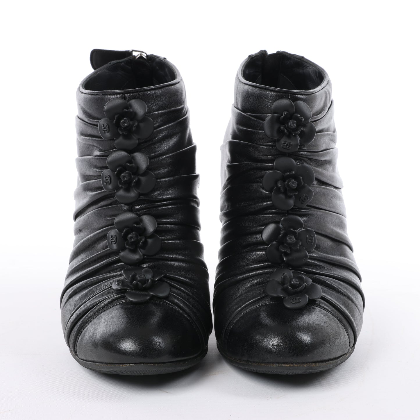 Chanel Coco Mark Camelia Leather Booties in Black G28629, Size 37.5 EU