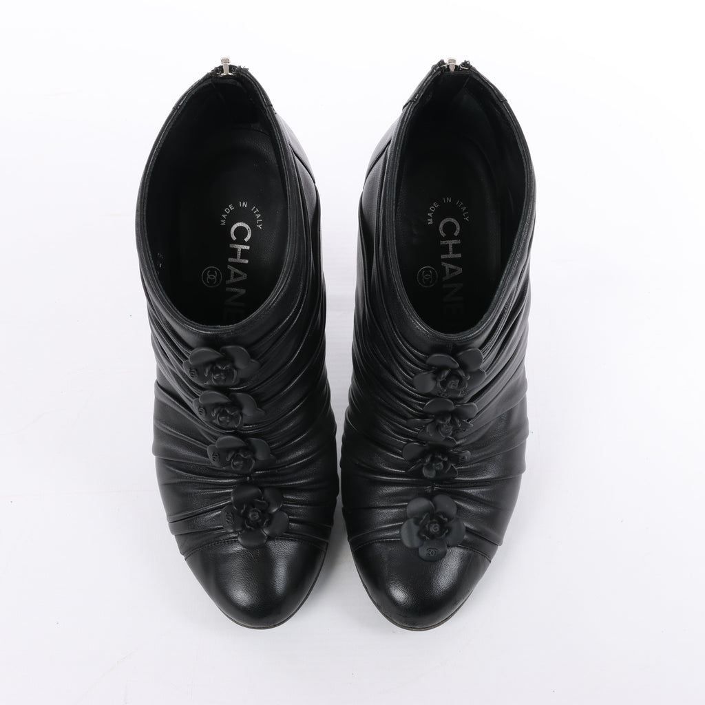 Chanel Coco Mark Camelia Leather Booties in Black G28629, Size 37.5 EU