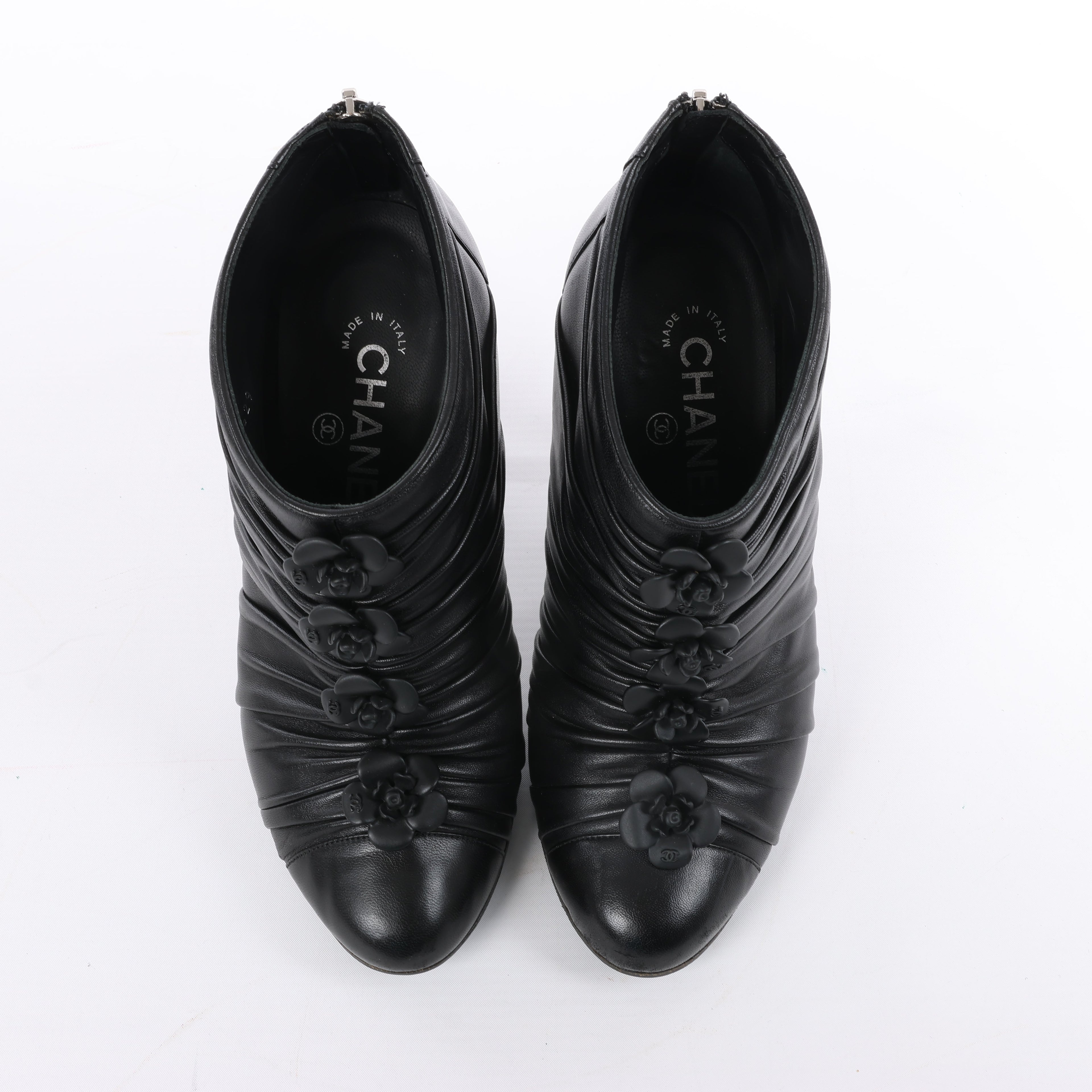 Chanel Coco Mark Camelia Leather Booties in Black G28629, Size 37.5 EU
