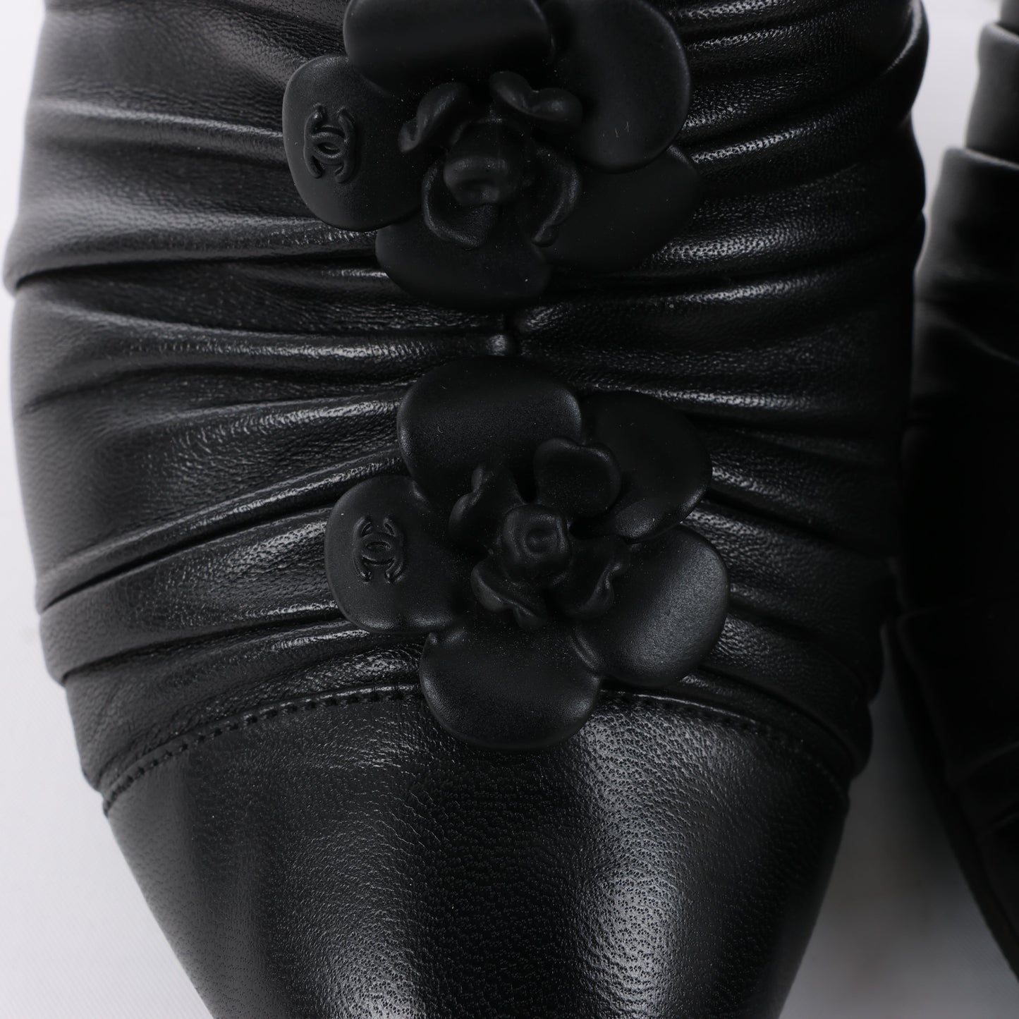 Chanel Coco Mark Camelia Leather Booties in Black G28629, Size 37.5 EU