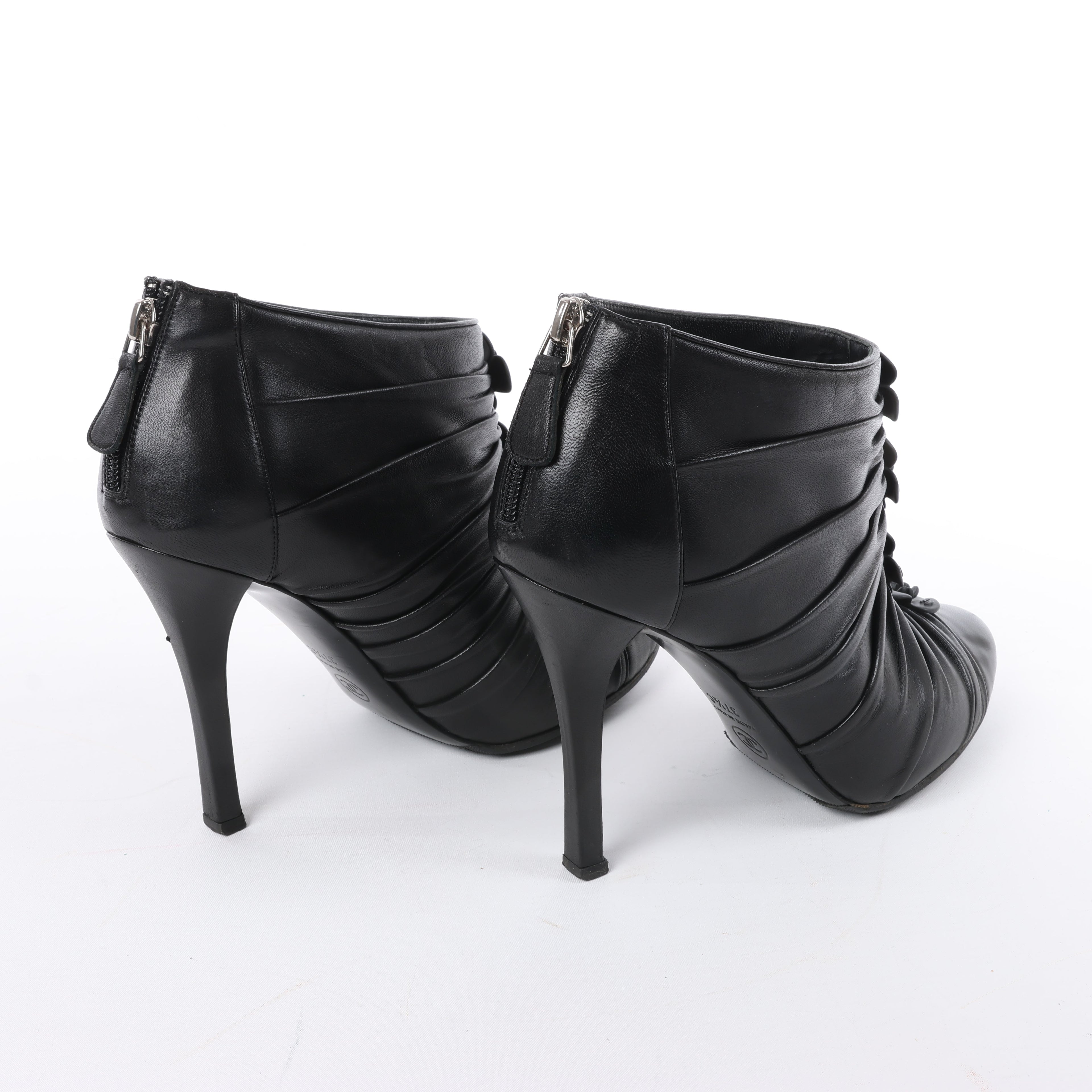 Chanel Coco Mark Camelia Leather Booties in Black G28629, Size 37.5 EU