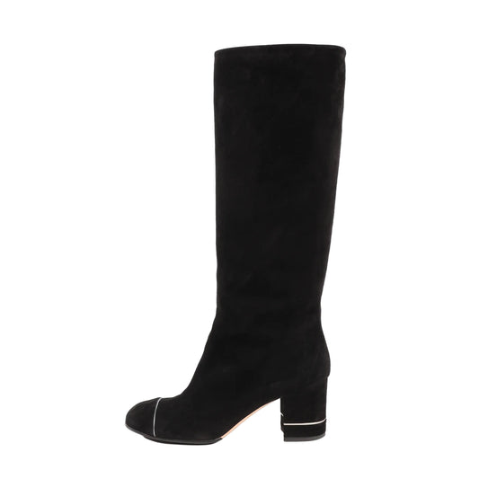 Chanel Coco Mark 16B long boots in black suede featuring rounded cap toe with subtle silver trim, mid-block heel with metallic detail, side view, size 39 EU, model G32122.