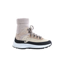 Beige Chanel knit high-top sneakers with suede panels, black toe caps, white sculpted soles and large white Coco Mark logos.