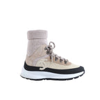Beige Chanel knit high-top sneakers with suede panels, black toe caps, white sculpted soles and large white Coco Mark logos.
