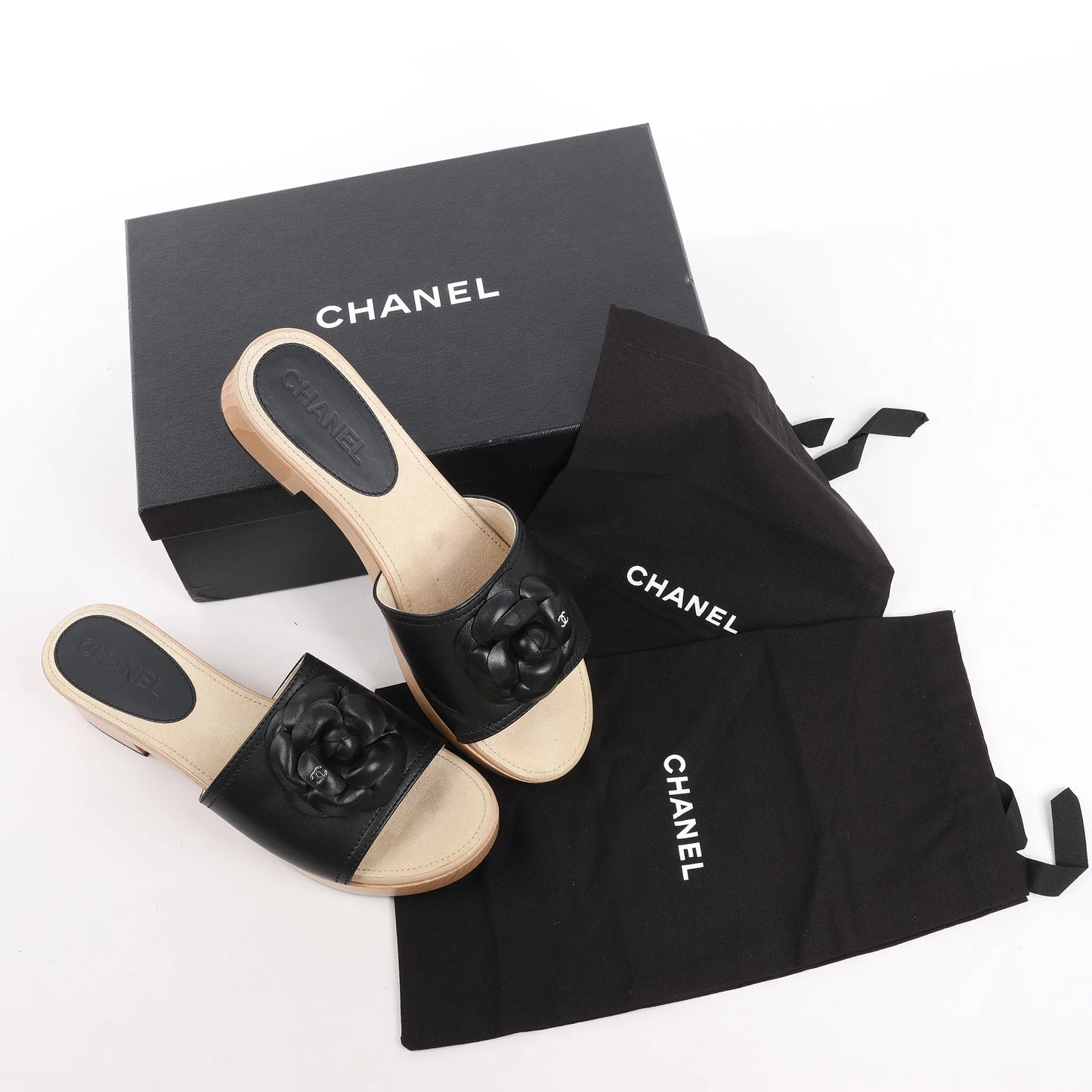 Chanel Camellia Wood x Leather Mules in Black, Size 41 EU
