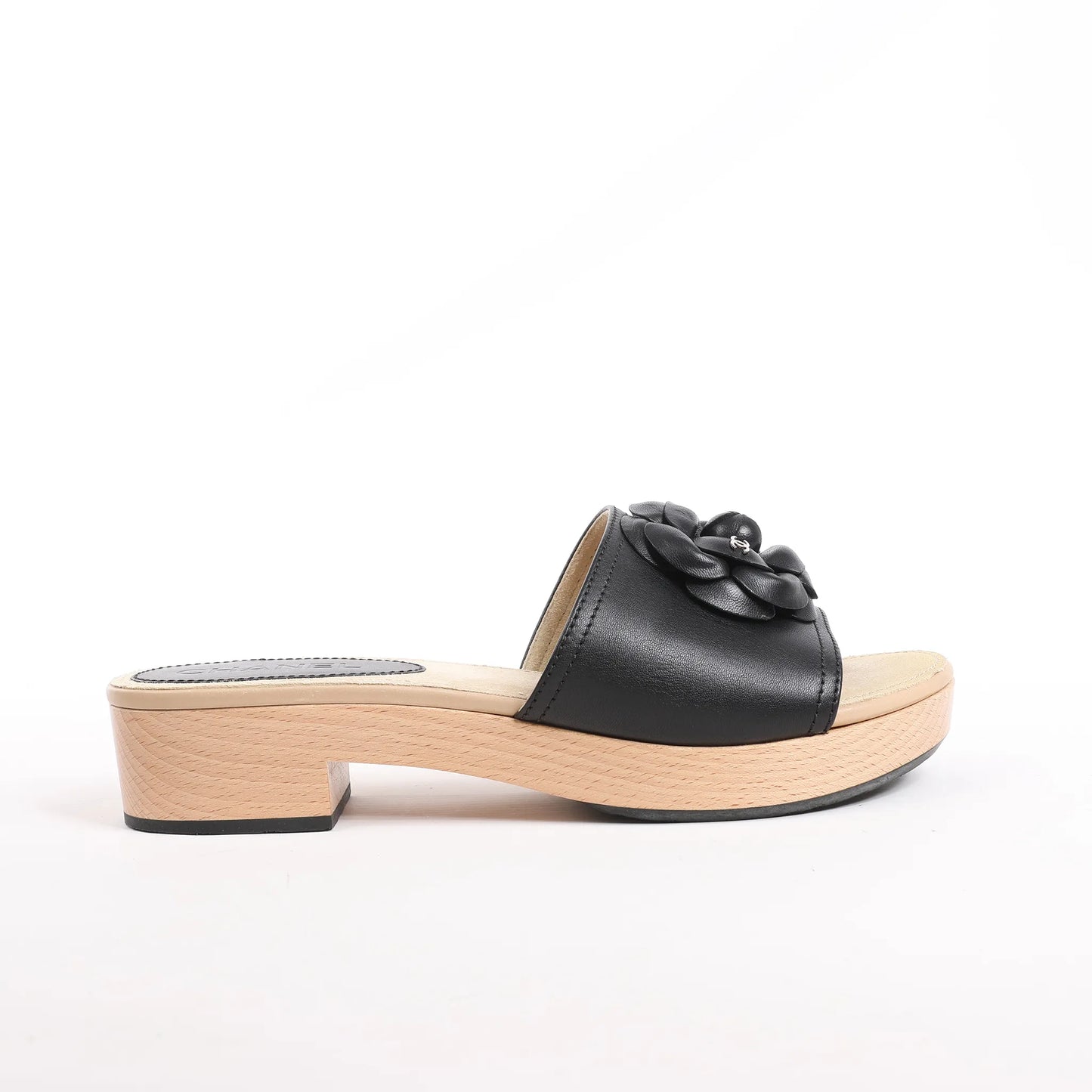 Chanel Camellia Wood x Leather Mules in Black, Size 41 EU