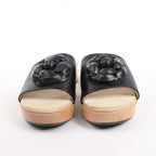 Chanel Camellia Wood x Leather Mules in Black, Size 41 EU