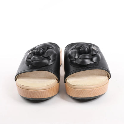 Chanel Camellia Wood x Leather Mules in Black, Size 41 EU