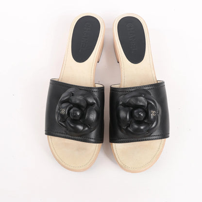 Chanel Camellia Wood x Leather Mules in Black, Size 41 EU