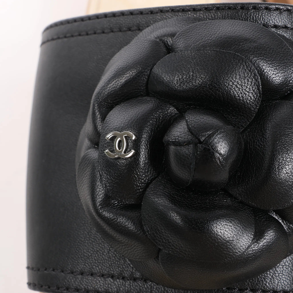 Chanel Camellia Wood x Leather Mules in Black, Size 41 EU