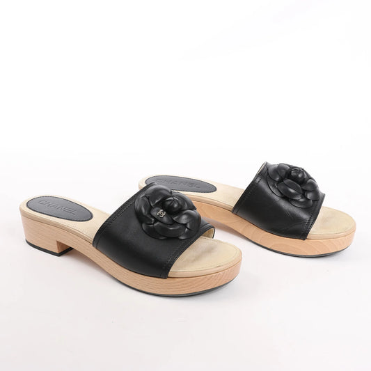 Chanel Camellia Wood x Leather Mules in Black, Size 41 EU