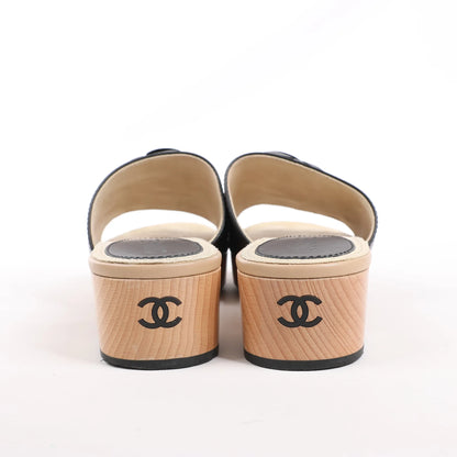 Chanel Camellia Wood x Leather Mules in Black, Size 41 EU