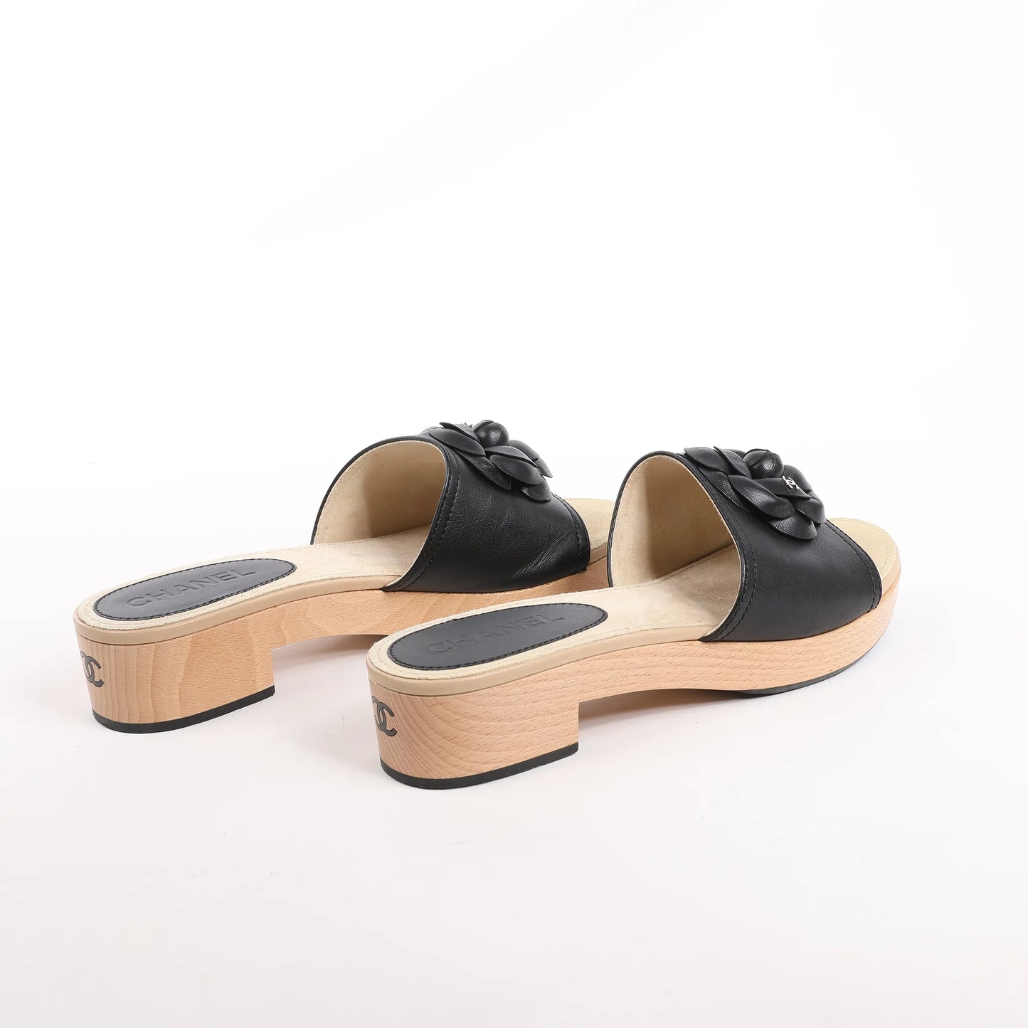 Chanel Camellia Wood x Leather Mules in Black, Size 41 EU