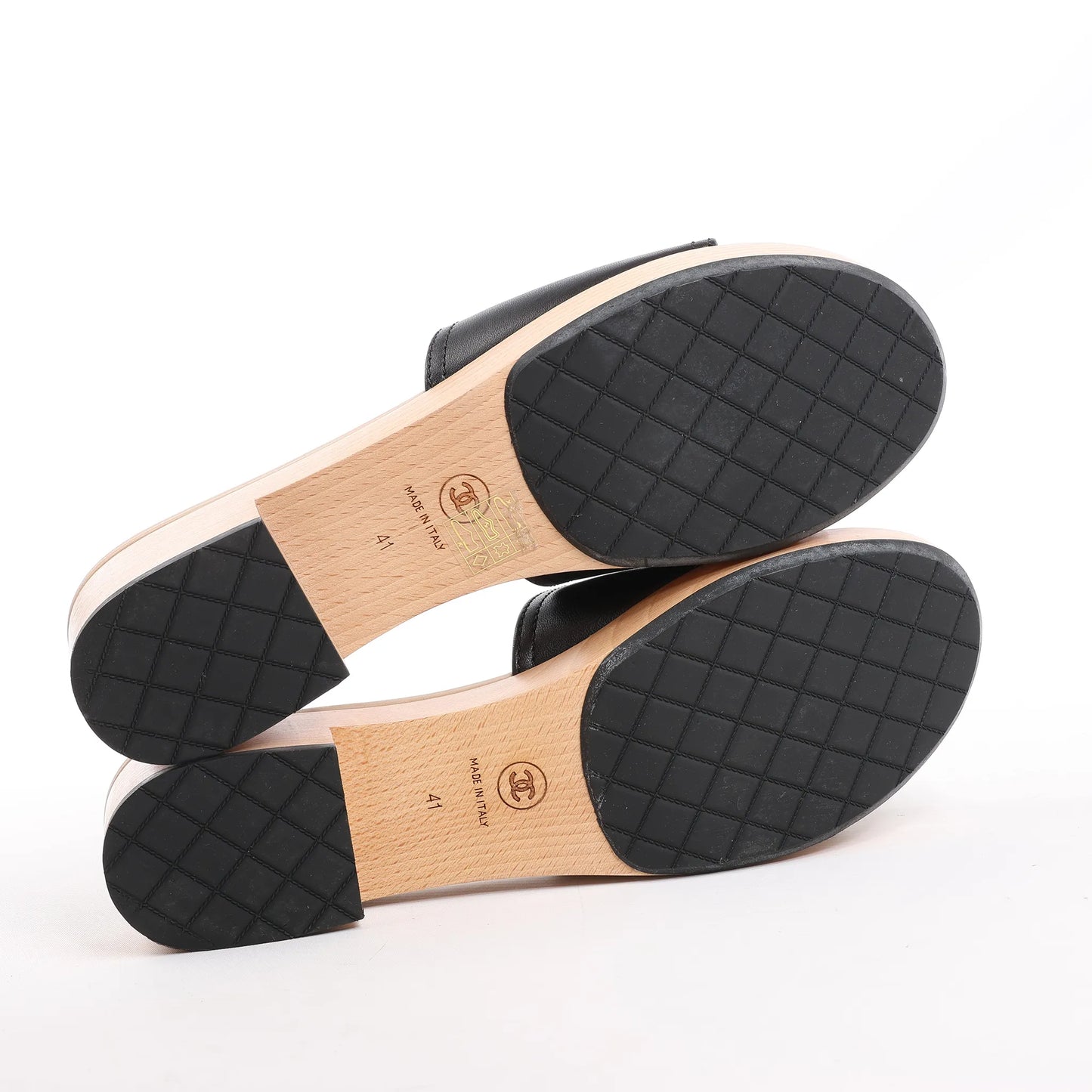 Chanel Camellia Wood x Leather Mules in Black, Size 41 EU