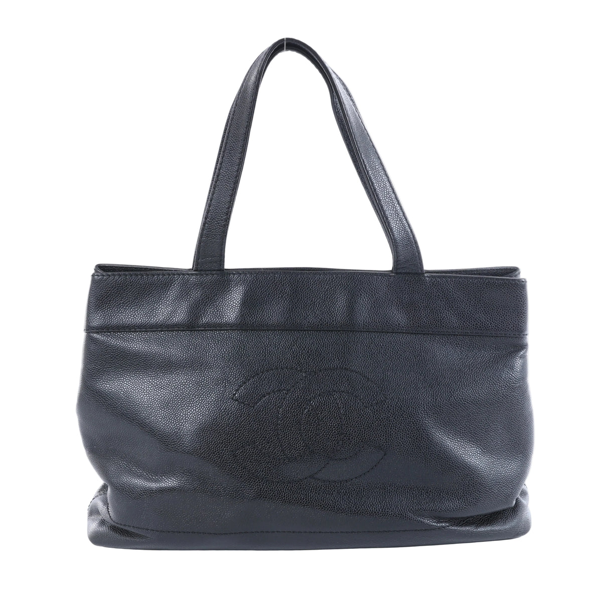 Chanel black Caviar leather tote bag with long shoulder handles, tonal interlocking CC logo and silver-tone snap closure.