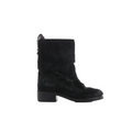 Chanel black hair-on cowhide ankle boot with Coco logo detail and low block heel on white background