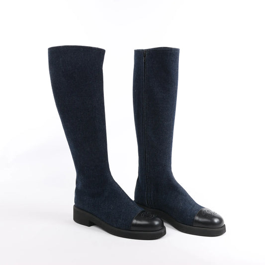 Chanel Coco Mark Denim Long Boots in Navy Blue, Size 37 EU