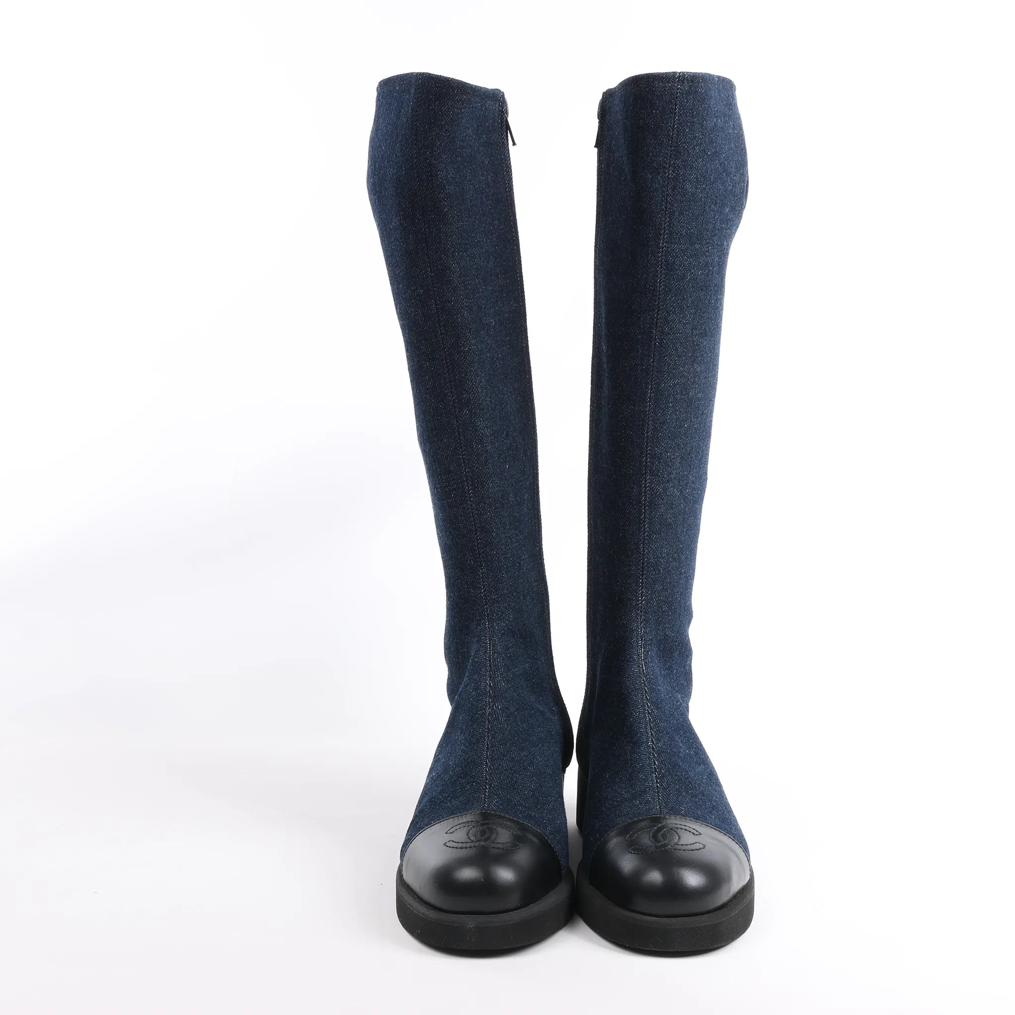 Chanel Coco Mark Denim Long Boots in Navy Blue, Size 37 EU