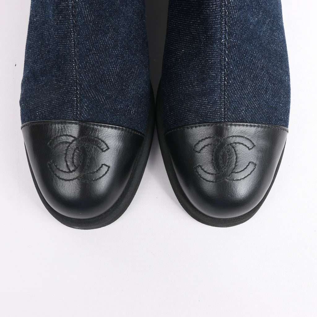 Chanel Coco Mark Denim Long Boots in Navy Blue, Size 37 EU