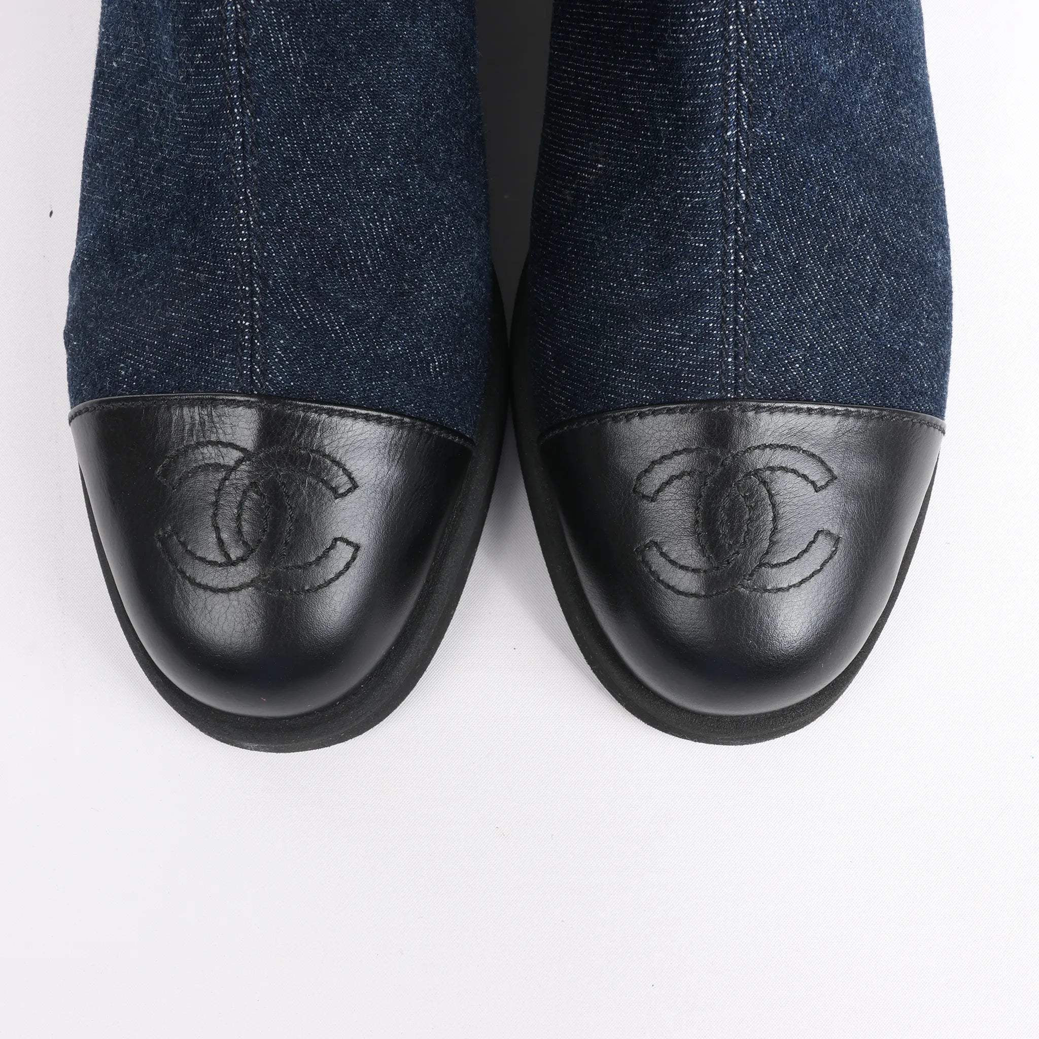Chanel Coco Mark Denim Long Boots in Navy Blue, Size 37 EU
