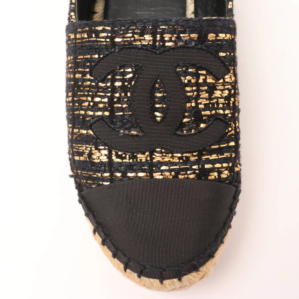 Chanel Metallic Tweed Grosgrain CC Espadrilles in Black x Gold G29762, Size 37 EU