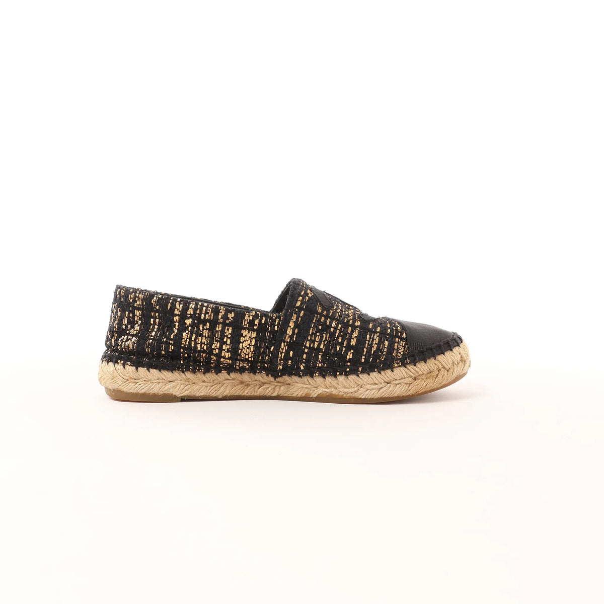 Chanel Metallic Tweed Grosgrain CC Espadrilles in Black x Gold G29762, Size 37 EU