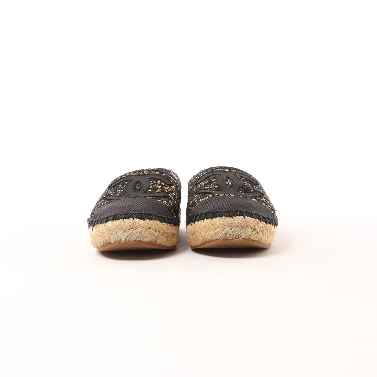 Chanel Metallic Tweed Grosgrain CC Espadrilles in Black x Gold G29762, Size 37 EU