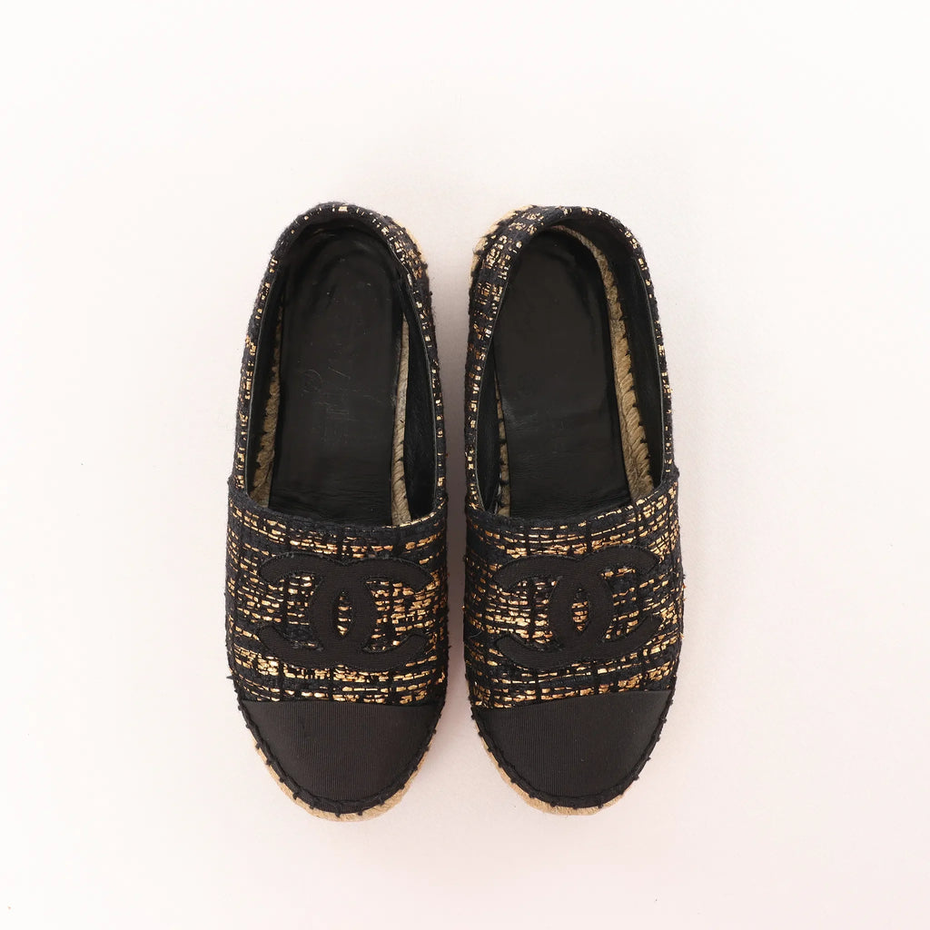 Chanel Metallic Tweed Grosgrain CC Espadrilles in Black x Gold G29762, Size 37 EU