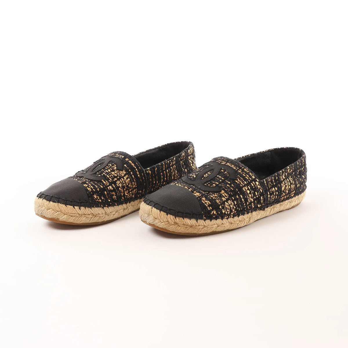 Chanel Metallic Tweed Grosgrain CC Espadrilles in Black x Gold G29762, Size 37 EU