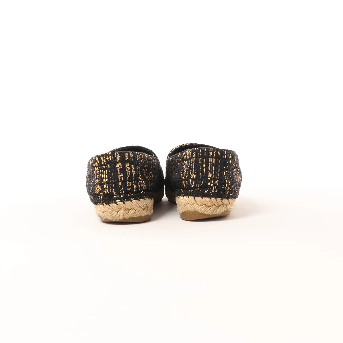 Chanel Metallic Tweed Grosgrain CC Espadrilles in Black x Gold G29762, Size 37 EU