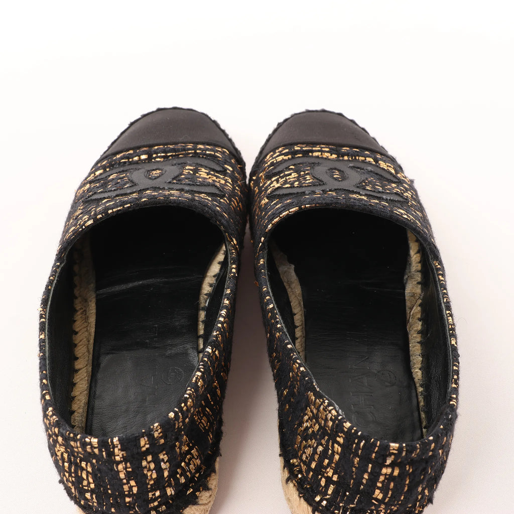 Chanel Metallic Tweed Grosgrain CC Espadrilles in Black x Gold G29762, Size 37 EU