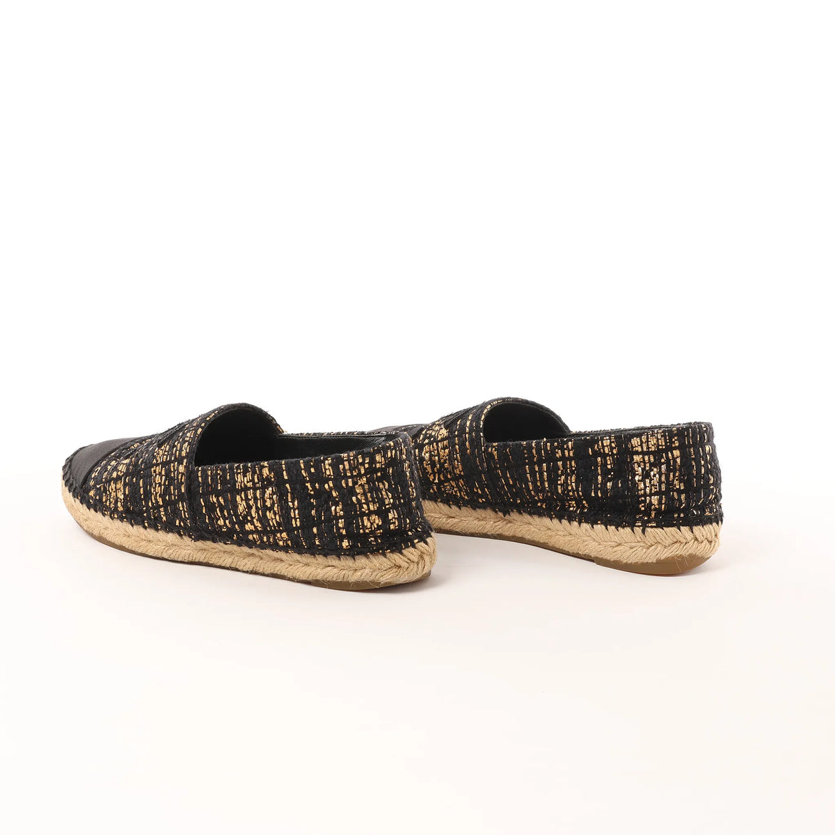 Chanel Metallic Tweed Grosgrain CC Espadrilles in Black x Gold G29762, Size 37 EU