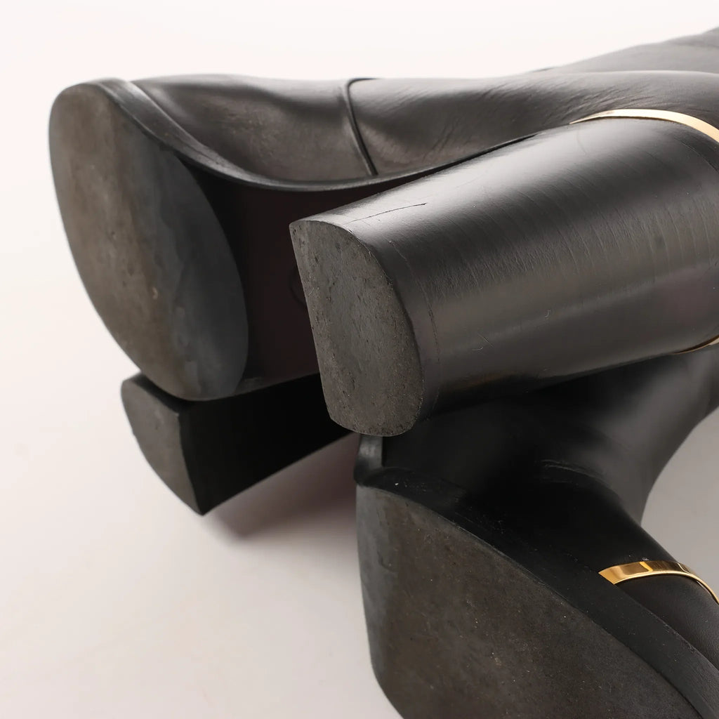 Chanel Coco Mark Leather Boots in Black x Gold G28737, Size 37C EU