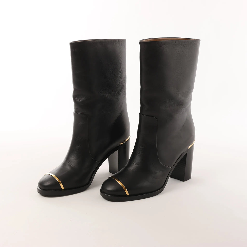 Chanel Coco Mark Leather Boots in Black x Gold G28737, Size 37C EU
