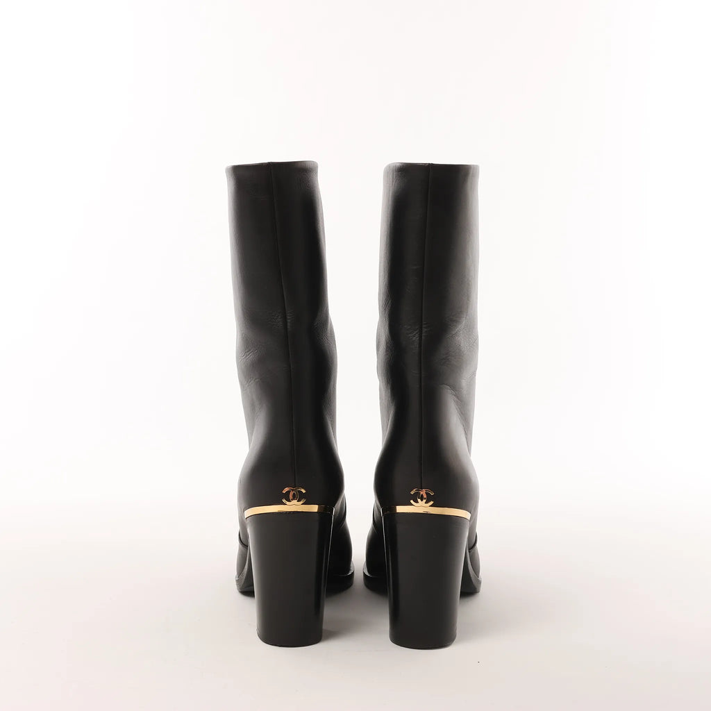 Chanel Coco Mark Leather Boots in Black x Gold G28737, Size 37C EU