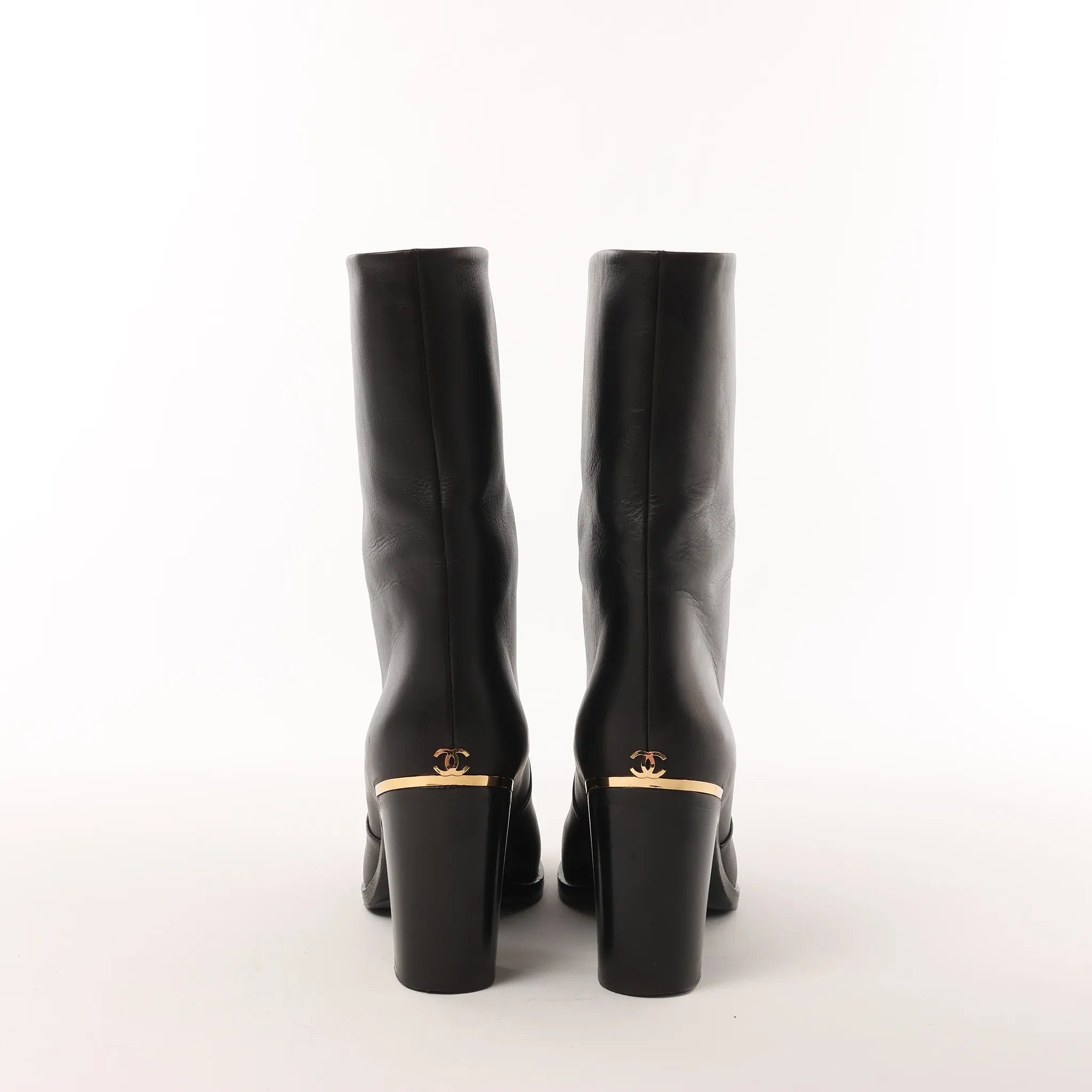 Chanel Coco Mark Leather Boots in Black x Gold G28737, Size 37C EU