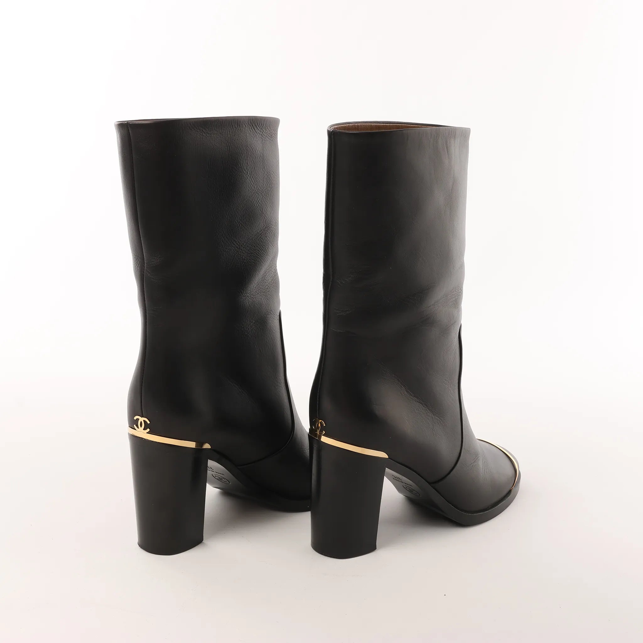 Chanel Coco Mark Leather Boots in Black x Gold G28737, Size 37C EU
