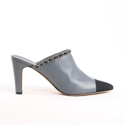 CHANEL Coco Mark Chain Leather Mule Sandals in Gray G35387, Size 40.5 EU
