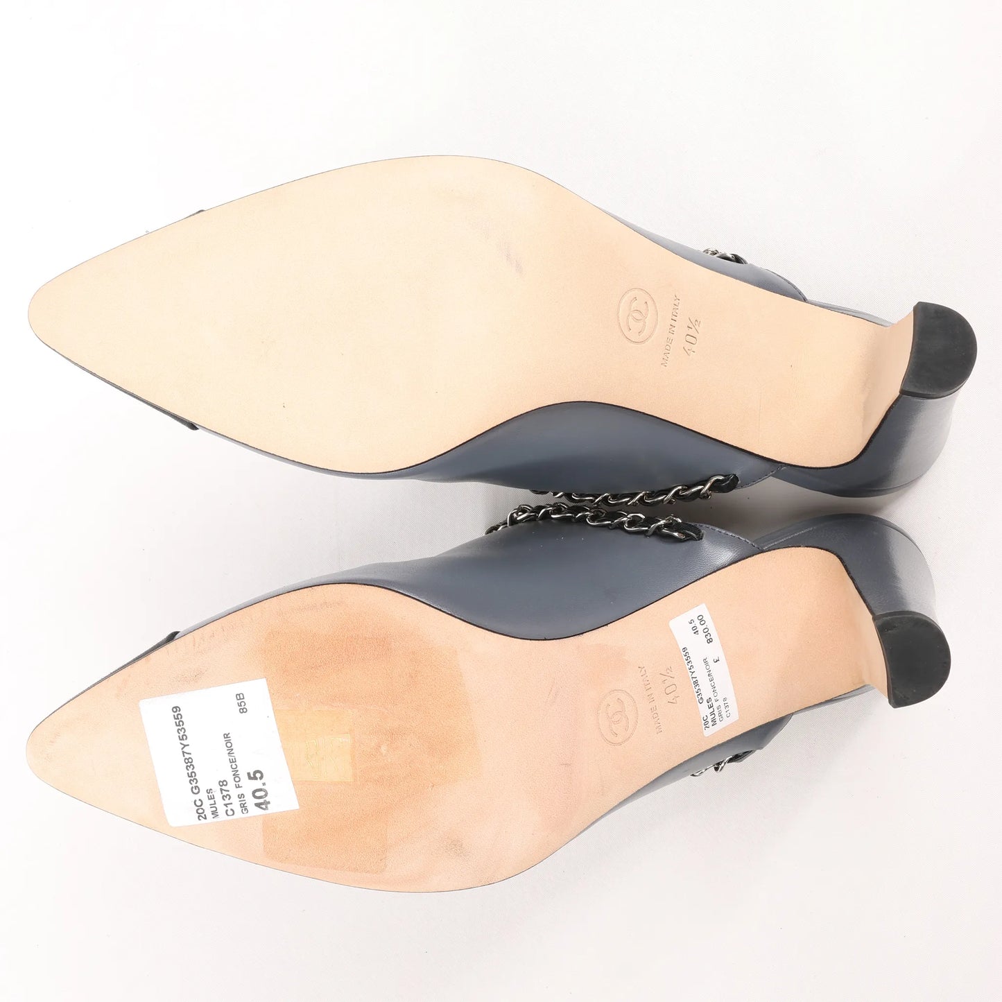 CHANEL Coco Mark Chain Leather Mule Sandals in Gray G35387, Size 40.5 EU