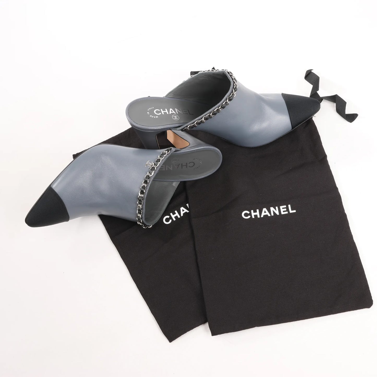 CHANEL Coco Mark Chain Leather Mule Sandals in Gray G35387, Size 40.5 EU